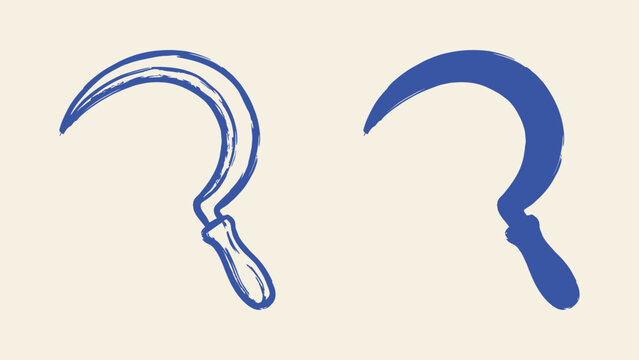 Hand drawn blue sickle vector illustrations with outline and silhouette styles for agriculture and harvesting design