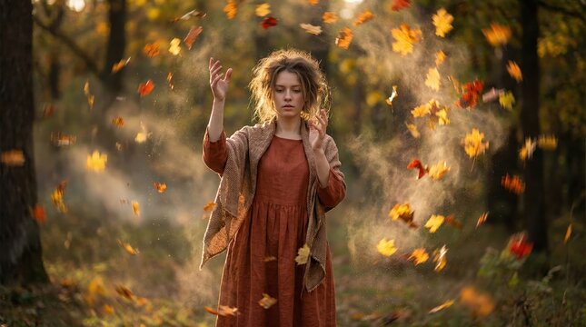 caucasian woman in rustic dress tossing autumn leaves in sunlit forest. magical golden hour light, swirling dust, nature connection. fall season, banner, website header, copyspace.
