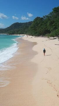 Aerial turquoise beach woman walking along shoreline under jungle cliffs, solitary traveler leaving footprints in soft sand as gentle waves lap coast, driftwood and rocky outcrops, vertical video