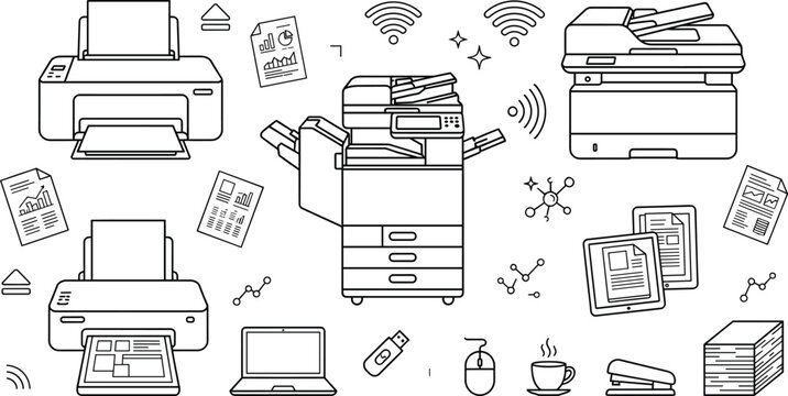 Office printer and copier machine line art icons with wireless printing hardware document paper stack and laptop vector sketches