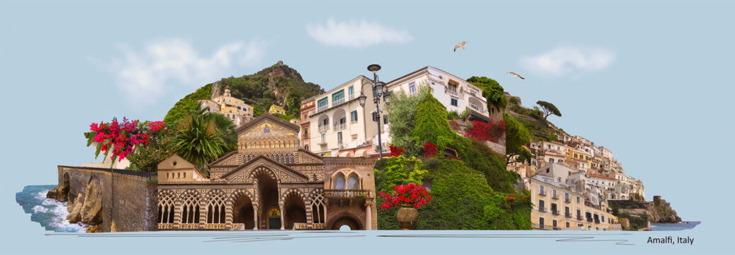 Amalfi, located on the Amalfi Coast, with its azure sea and beautiful colorful cliffside houses - Collage