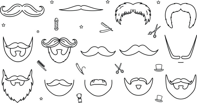 Barbershop beard and mustache line art icons with mens grooming barber pole straight razor and scissors vector sketches