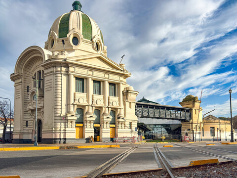 La Plata Station facade and iron pedestrian bridge in Buenos Aires Argentina