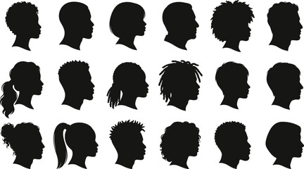 Diverse Human Profile Silhouette Collection with Men Women Hairstyles and Side View Portrait Vector Set © Rofiqul