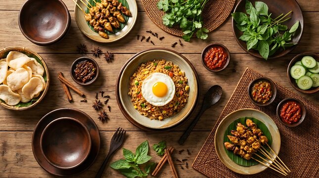 Top view of delicious indonesian nasi goreng fried rice with egg satay and fresh vegetable side dishes on a rustic wooden table. Basic Indonesian Dish