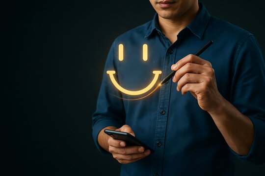 Person using stylus to draw a glowing smiley face icon on smartphone for customer feedback