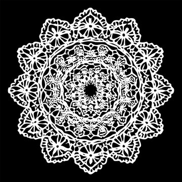 Intricate circular floral lace mandala in white on black background, ideal for decorative prints, invitations, packaging and elegant ornamental design