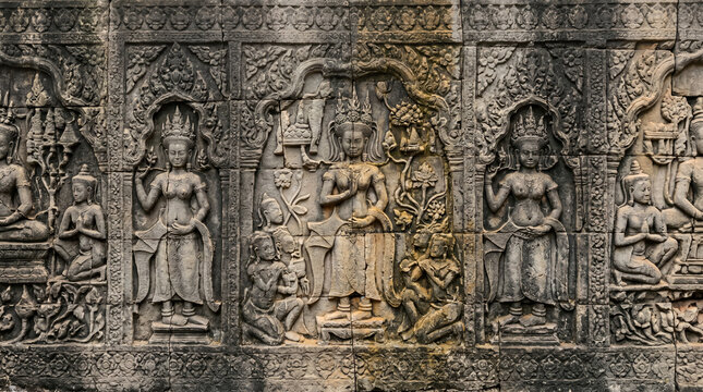 Ancient Temple Stone Relief Sculpture with Ornamental Historic Carved Wall