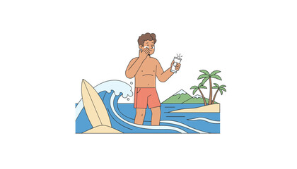 Fototapeta premium Man standing in the ocean water holding a surfboard applies sunscreen to his face with mountains and palm trees in the distant background.