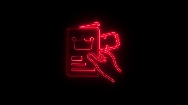 Hand holding royal event pass with tickets in orange neon style animation, Abstract Glowing Neon Airplane Ticket Icon animation on black background.
