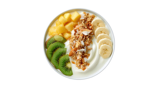 Yogurt bowl with fresh tropical fruits granola and sliced banana served in a white bowl on transparent background