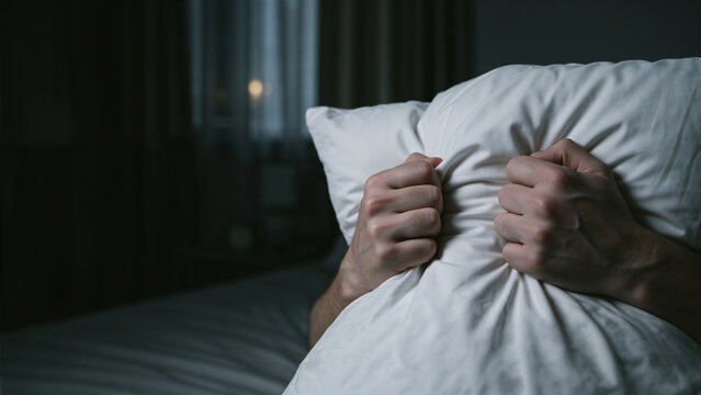 Caucasian man gripping pillow tightly in dark bedroom at night. Insomnia and sleep disorder awareness banner with copy space