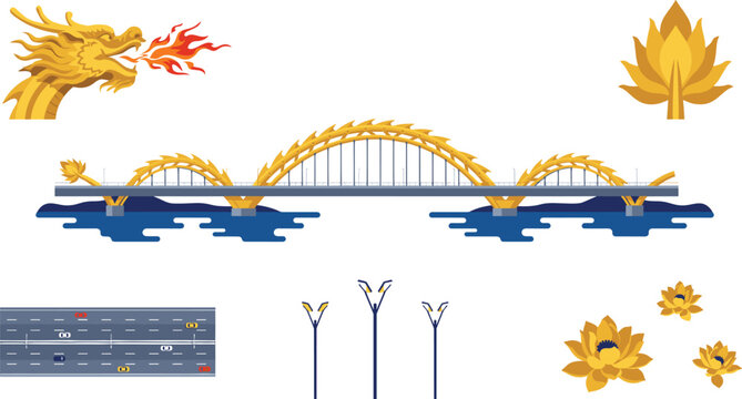 Da Nang Dragon Bridge vector elements set featuring golden fire breathing dragon head, iconic bridge over river water, multi lane highway road, street lights, and yellow lotus flower icons.
