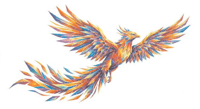 Geometric Polygonal Phoenix Bird, Colorful Low Poly Style Vector Illustration