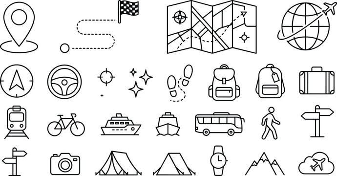 Travel and tourism navigation icons with map location pointer transit vehicles and camping tent vector sketches