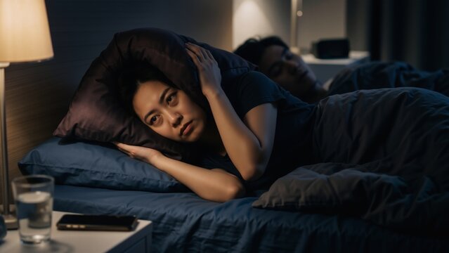 Asian woman insomniac covering ears with pillow while husband snores in bed at night. Sleep deprivation and relationship difficulties