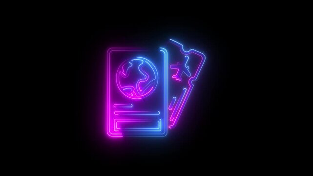 Glowing green neon passport and plane ticket icon animation on black background ,Kuwaiti passport for travelling, flying and doing business. Kuwait document, trip planning and vacation.