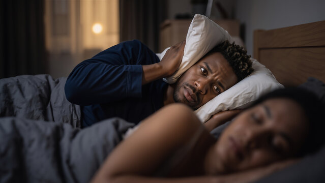 Black man covering ear with pillow while partner sleeps in bed. Insomnia and snoring partner sleep deprivation