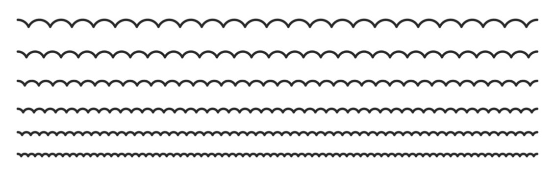 Scalloped lace border featuring intricate crochet patterns and floral motifs. Ideal for elegant trim designs, vintage frames, or decorative embroidery projects. Outline vector illustration.