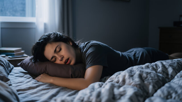 Caucasian woman sleeping restlessly on stomach with mouth open in dark bedroom; sleep apnea and insomnia healthcare banner with copy space