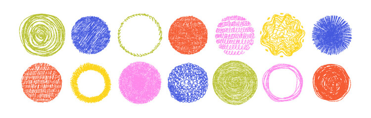 Fototapeta na wymiar Colorful crayon and brush stroke circles with textured paint effects, featuring hand-drawn dots, sketchy lines, and artistic doodle elements. Vector illustration.
