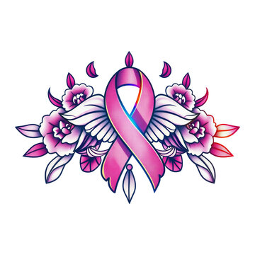 Pink Breast Cancer Awareness Bagde with Floral Design Idolated  on White Background