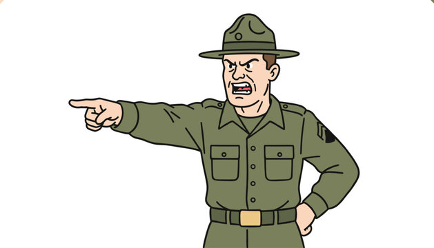 Strict drill sergeant in a traditional olive uniform and campaign hat pointing with a finger and yelling at someone with an aggressive look.