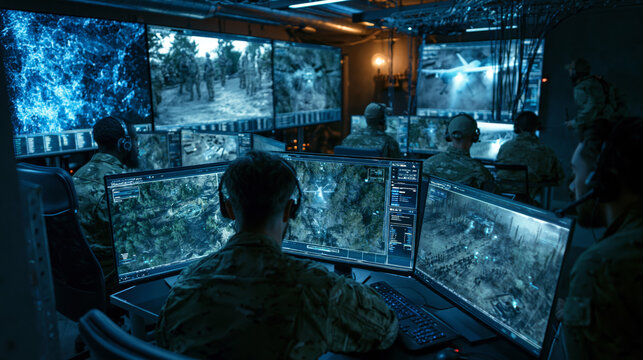 A ground control station with operators monitoring multiple drone feeds on large digital screens, dark room with blue holographic glow, cyber warfare concept