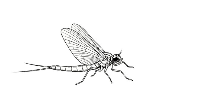 Black and white line art drawing of a mayfly insect