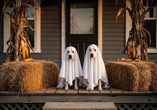 Two adorable dogs wearing white sheet ghost costumes on rustic porch