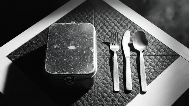 Black and white still life of lunchbox with silverware on table top in harsh light
