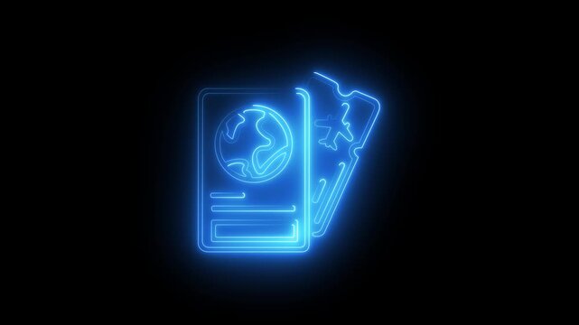 Glowing green neon passport and plane ticket icon animation on black background ,Kuwaiti passport for travelling, flying and doing business. Kuwait document, trip planning and vacation.