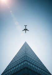 Fototapeta premium Low Angle View of Modern Glass Skyscraper and Commercial Airplane Flying in Clear Blue Sky with Sun Lens Flare