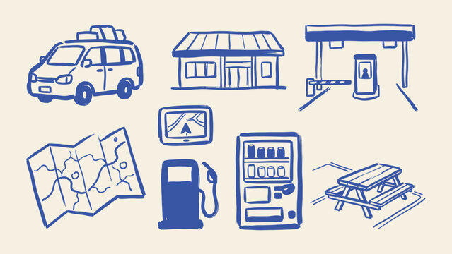 Road trip and highway rest stop doodle icon set with car gas pump map vending machine and picnic table vector illustration