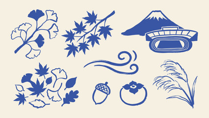 Japanese autumn motif vector set with ginkgo leaves maple foliage mountain and seasonal icons © Zyariss