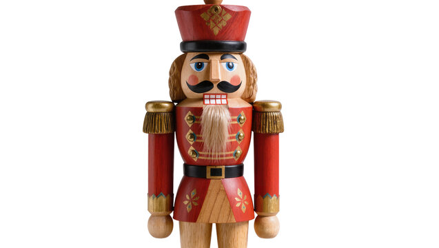 Traditional wooden nutcracker soldier with red uniform and gold accents, isolated on transparent background