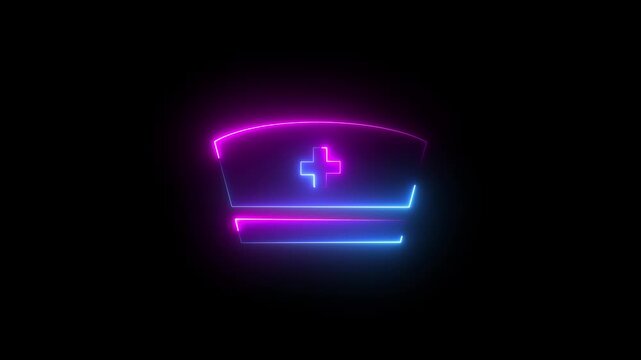 Neon nurse cap glowing blue outline medical symbol healthcare profession symbol abstract digital animation dark, black background. Medical nurse cap sign. 4K Video.