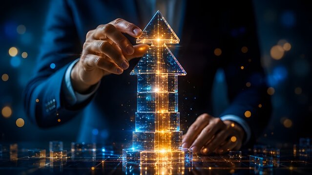 Modern enterprise developer accelerating startup success with a glowing digital upward arrow made of data cubes highlighting exponential business scaling and futuristic market expansion
