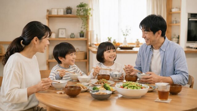 食卓を囲んで食事を楽しむ日本人家族
