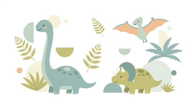 Cute baby dinosaurs including a long necked brachiosaurus and a winged pterodactyl surrounded by decorative leaves on a soft light background.