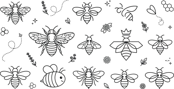 Honey bee line art icons with queen bee crown honeycomb geometric bumblebee and lavender vector sketches