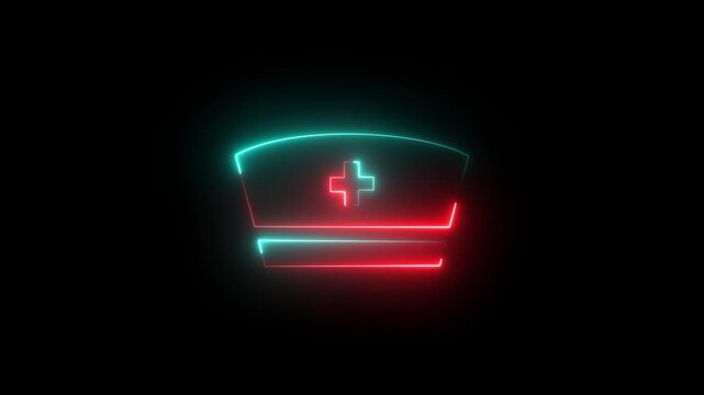 Neon nurse cap glowing blue outline medical symbol healthcare profession symbol abstract digital animation dark, black background. Medical nurse cap sign. 4K Video.