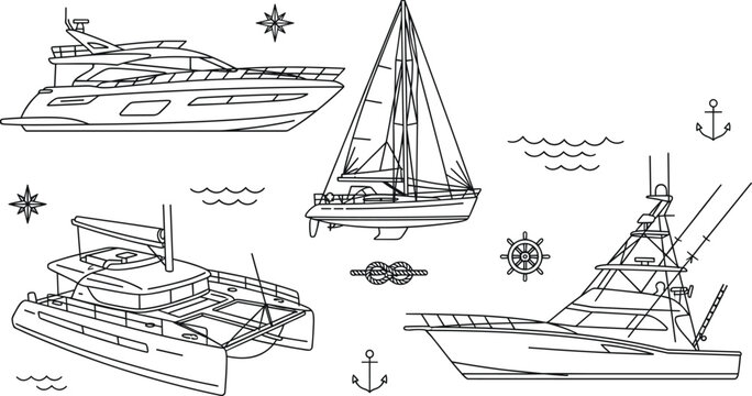 Luxury yacht and sailboat line art icons with catamaran fishing boat and nautical vector sketches