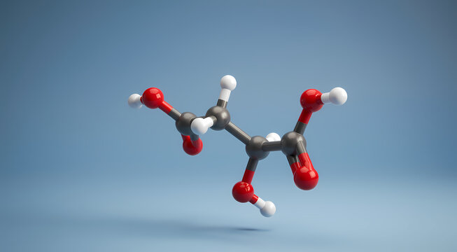 A 3D molecular model of lactic acid is shown against a blue background.