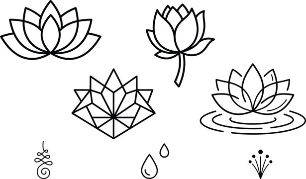 Lotus flower line art icons with unalome symbol geometric water lily and droplet vector sketches