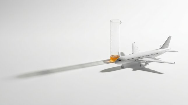 Aircraft model beside measuring cylinder with aviation fuel on white studio background