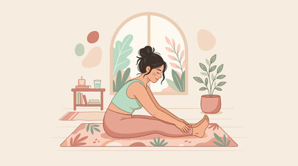 Obraz premium Mulher praticando alongamento de pernas em casa com plantas e luz natural