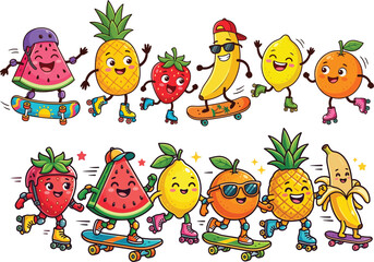 Fototapeta premium Cute Cartoon Fruits Skating and Rollerblading in a Fun Playful Style