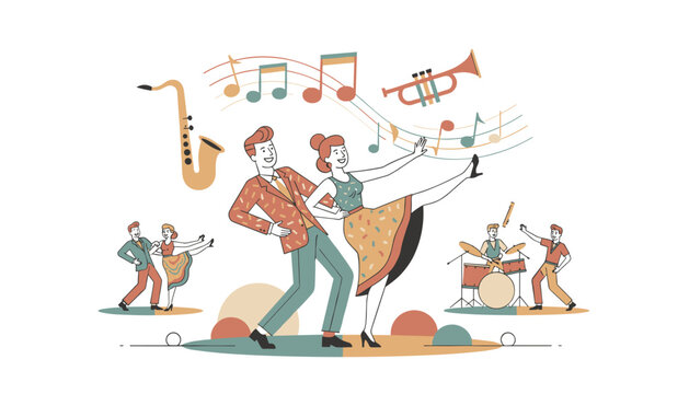 Couple dancing the swing in retro outfits with jazz instruments like a saxophone and trumpet floating nearby as other couples dance in the background.