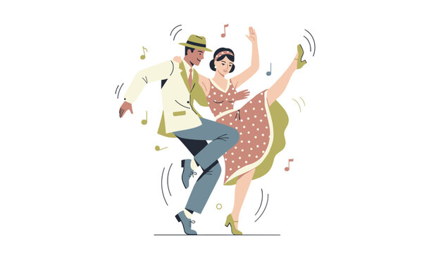 Vintage style couple performing a lively dance move while wearing polka dot dress and hat with musical notes floating around the dancing pair.